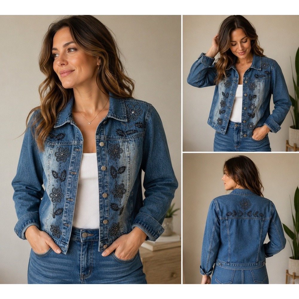 Vintage Y2K Tropico Beaded Embroidered Floral Denim Jacket Womens Large